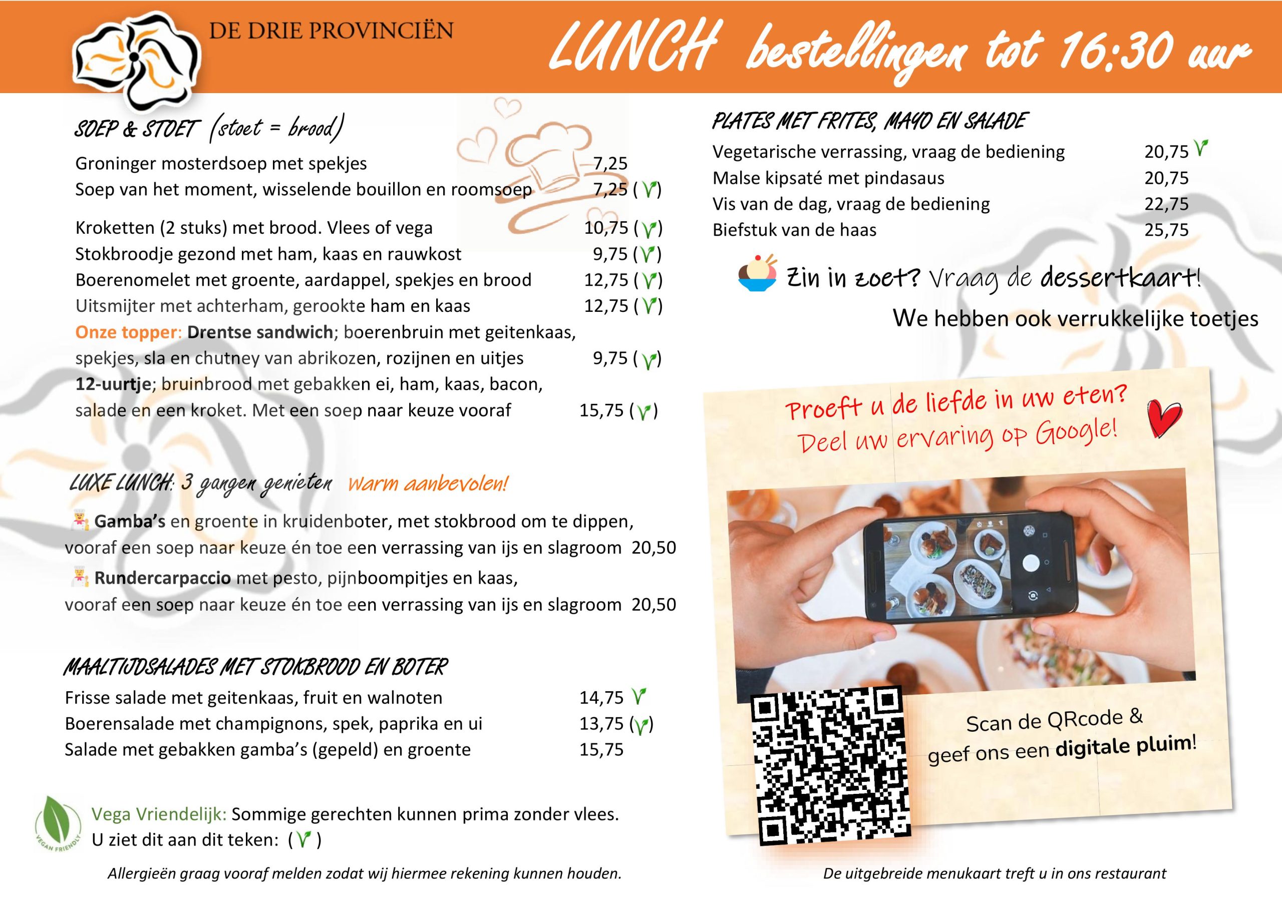 1.1 Lunchkaart ETEN_2025 Zomer Lekker lunchen bij De Drie Provincies, met terras aan het bos. Linch met broodjes, plates en heerlijke koffie met gebak.