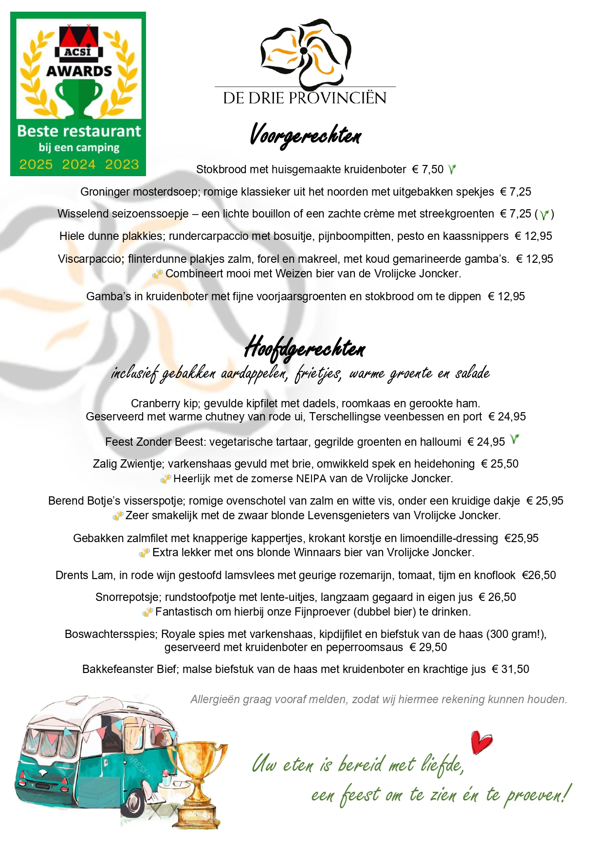 3 Menukaart 2025 juli_Voor en Hoofdgerechten Heerlijk Bourgondisch eten voor een betaalbare prijs bij De Drie Provincien. Bekijk de menukaart voor de voor- en hoofdgerechten.