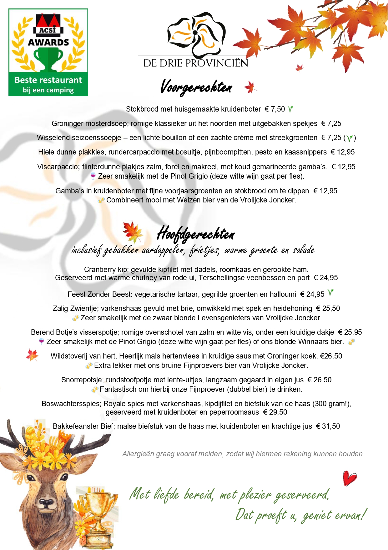 3 Menukaart Herfst_voor- en hoofdgerechten 2025_De Drie Provincien Heerlijk Bourgondisch eten voor een betaalbare prijs bij De Drie Provincien. Bekijk de menukaart voor de voor- en hoofdgerechten.