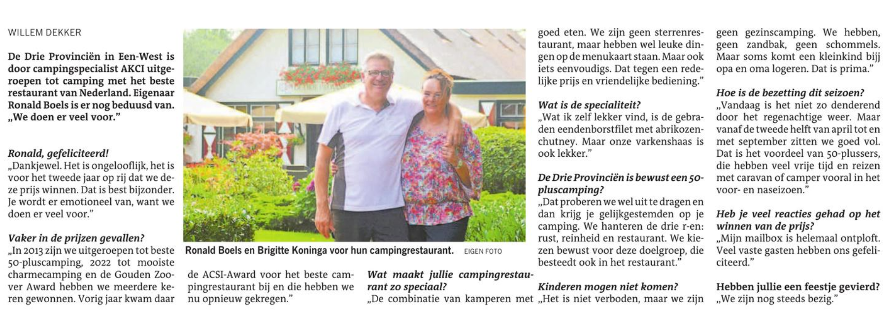 De Drie Provinciën in Een-West in de prijzen: 50-pluscamping heeft opnieuw beste restaurant. De specialiteit? Eendenborstfilet met abrikozenchutney